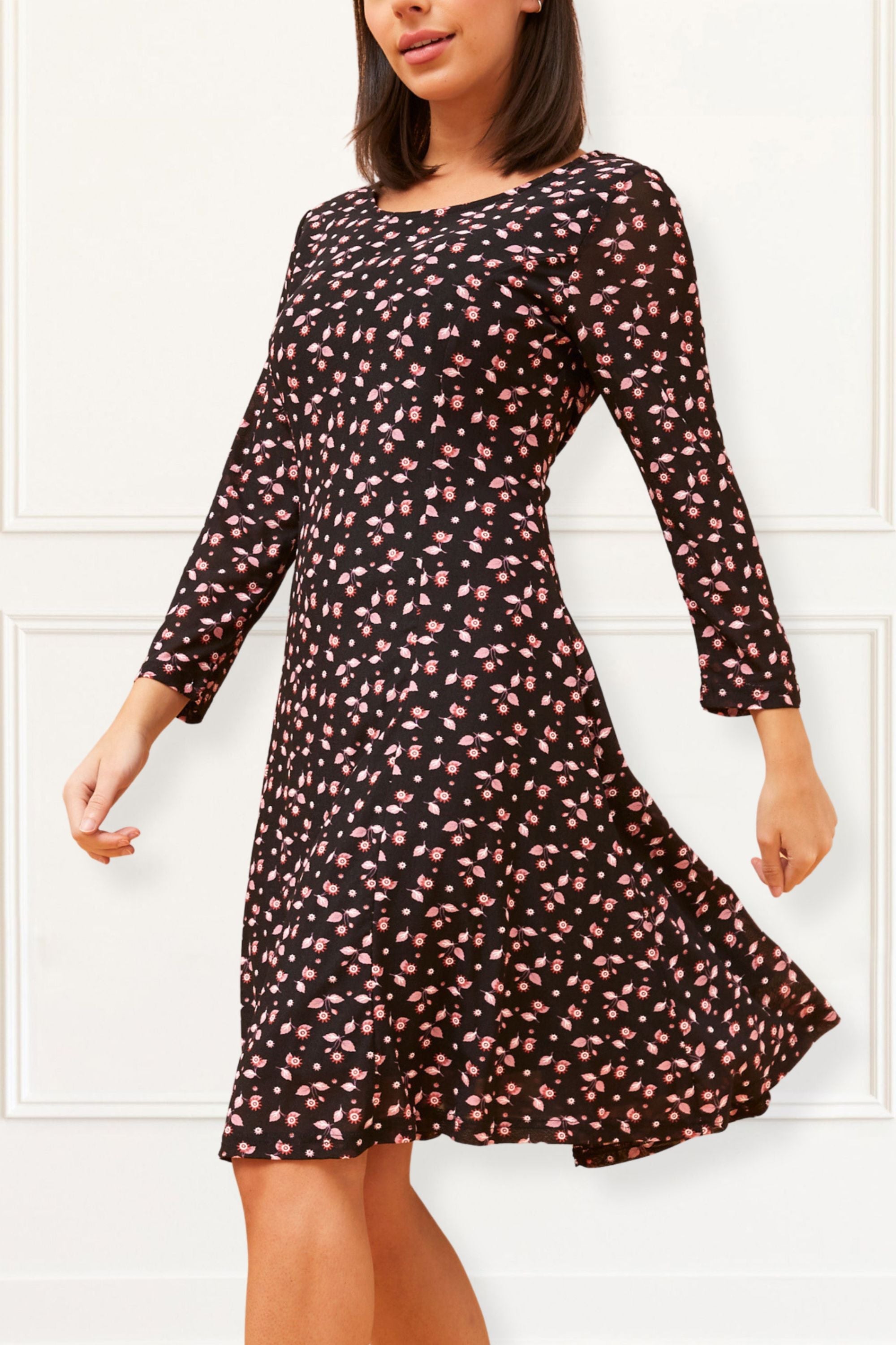 Daisie Black Fit & Flare Mesh Dress Pink Floral Print