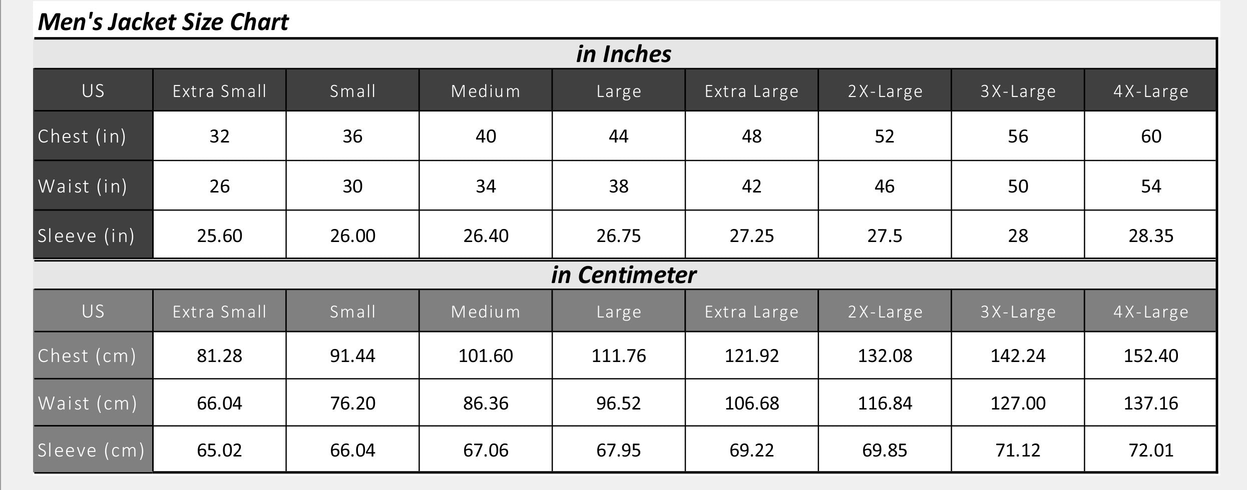 Men's jacket size chart displaying measurements in inches and centimeters for various sizes.