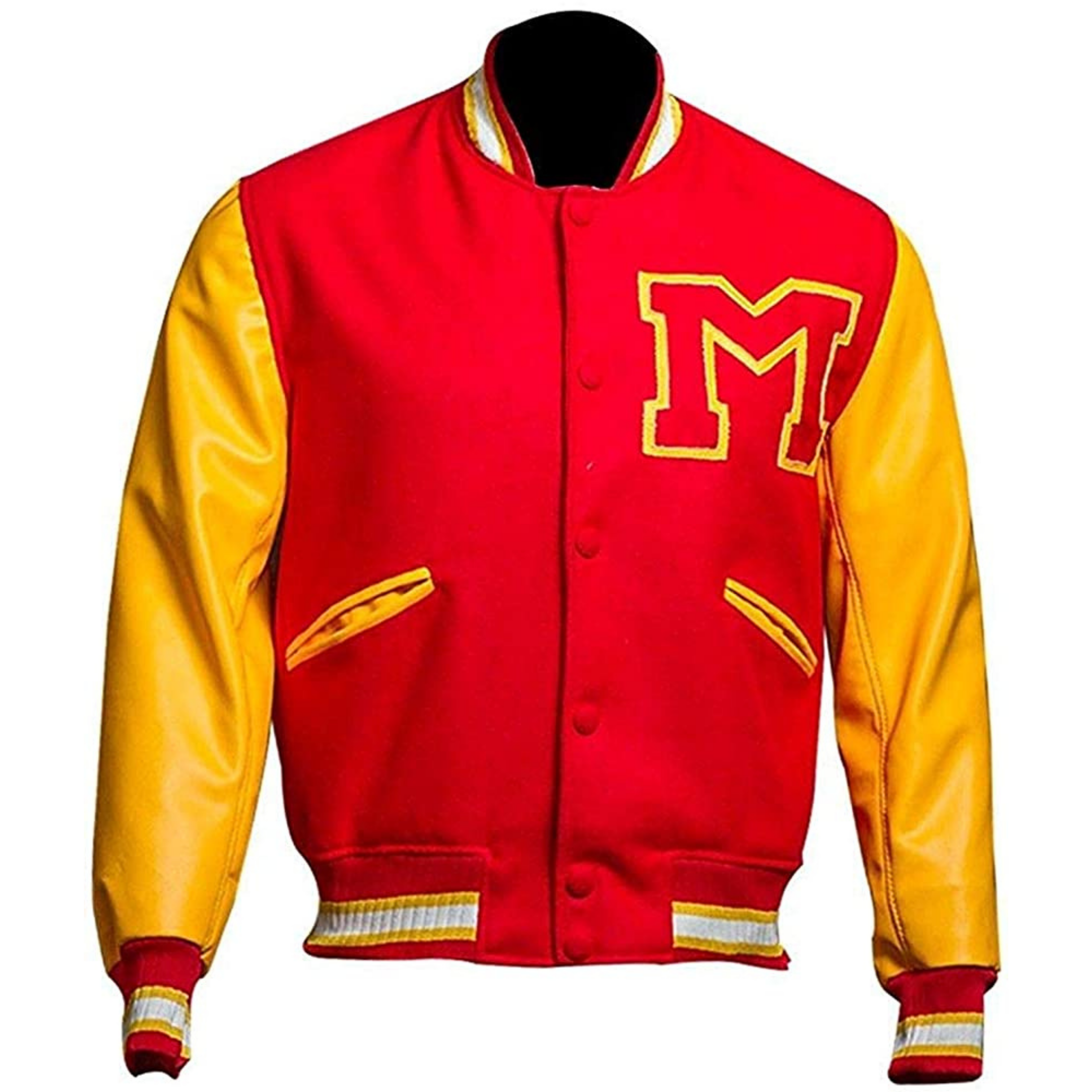 Michael Jackson varsity jacket in red body with yellow sleeves and M logo, featuring rib-knit hemline and buttoned front.