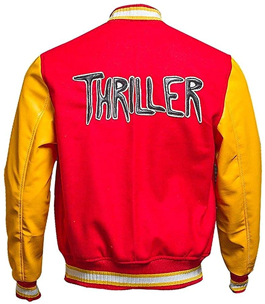 Michael Jackson varsity jacket with red body, yellow sleeves, and 'THRILLER' embroidered on the back.